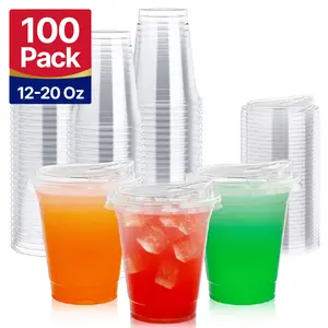 100pc 12oz/16oz/20oz/24oz Bulk Plastic Cups with Direct- Lids Disposable Coffee Protein Shake and Juice cup Cups Round Bases No Handles Portable Birthdays Wedding Parties| BPA Free PET Reusable Large party drink iced