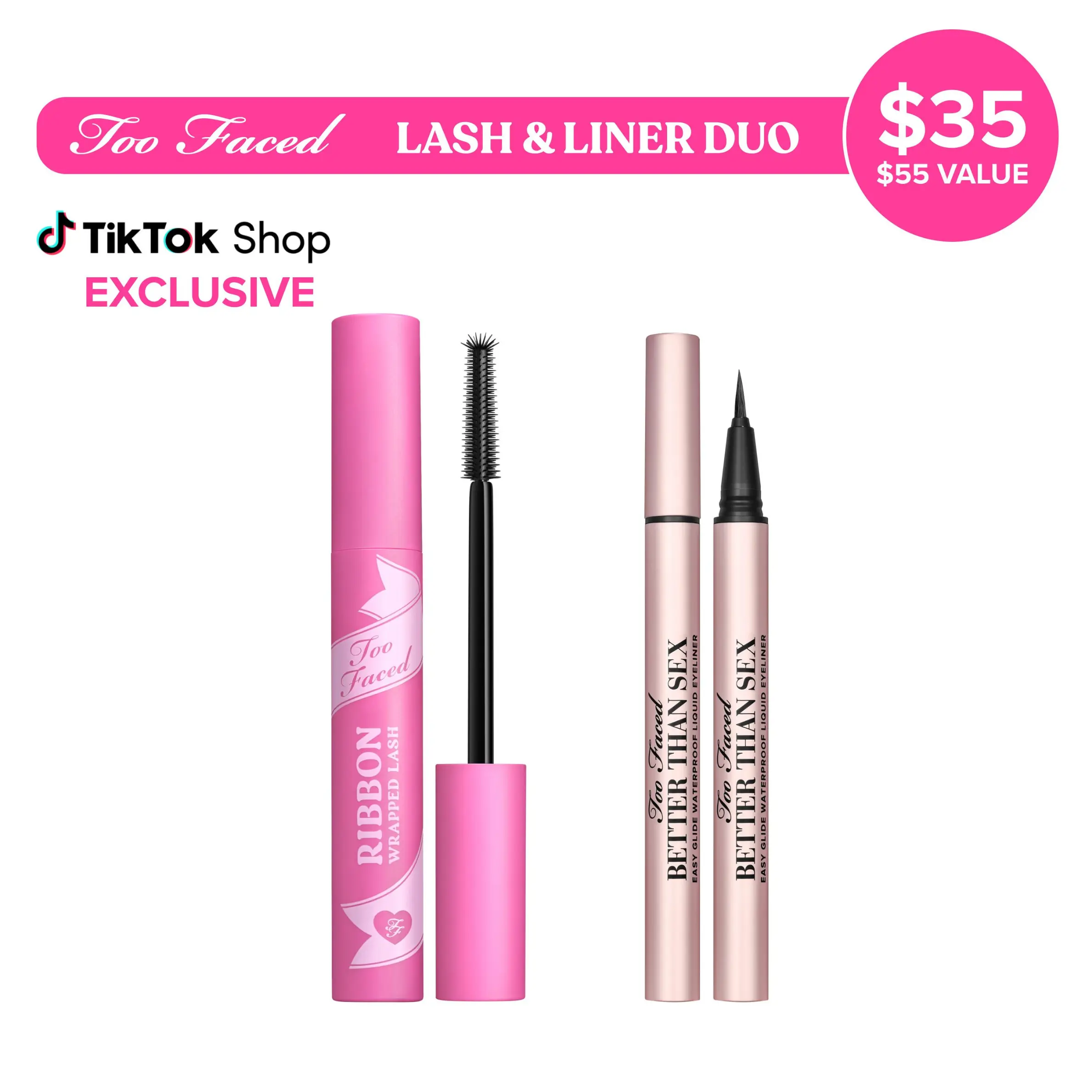 Too Faced Lash and Liner Duo - Ribbon Wrapped Lash Tubing Mascara + Black Waterproof Liquid Eyeliner Too Faced Lash and Liner Duo - Ribbon Wrapped Lash Tubing Mascara + Black Waterproof Liquid Eyeliner
