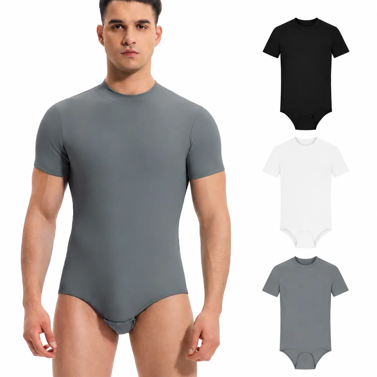 Landofgenie Men's Basic Short Sleeve Bodysuit - Stretchy Mock Neck Onesie with Crotch Snaps, Soft Base Layer for Daily Wear, Office & Sleepwear Menswear Shapewear Socks Beige Biker