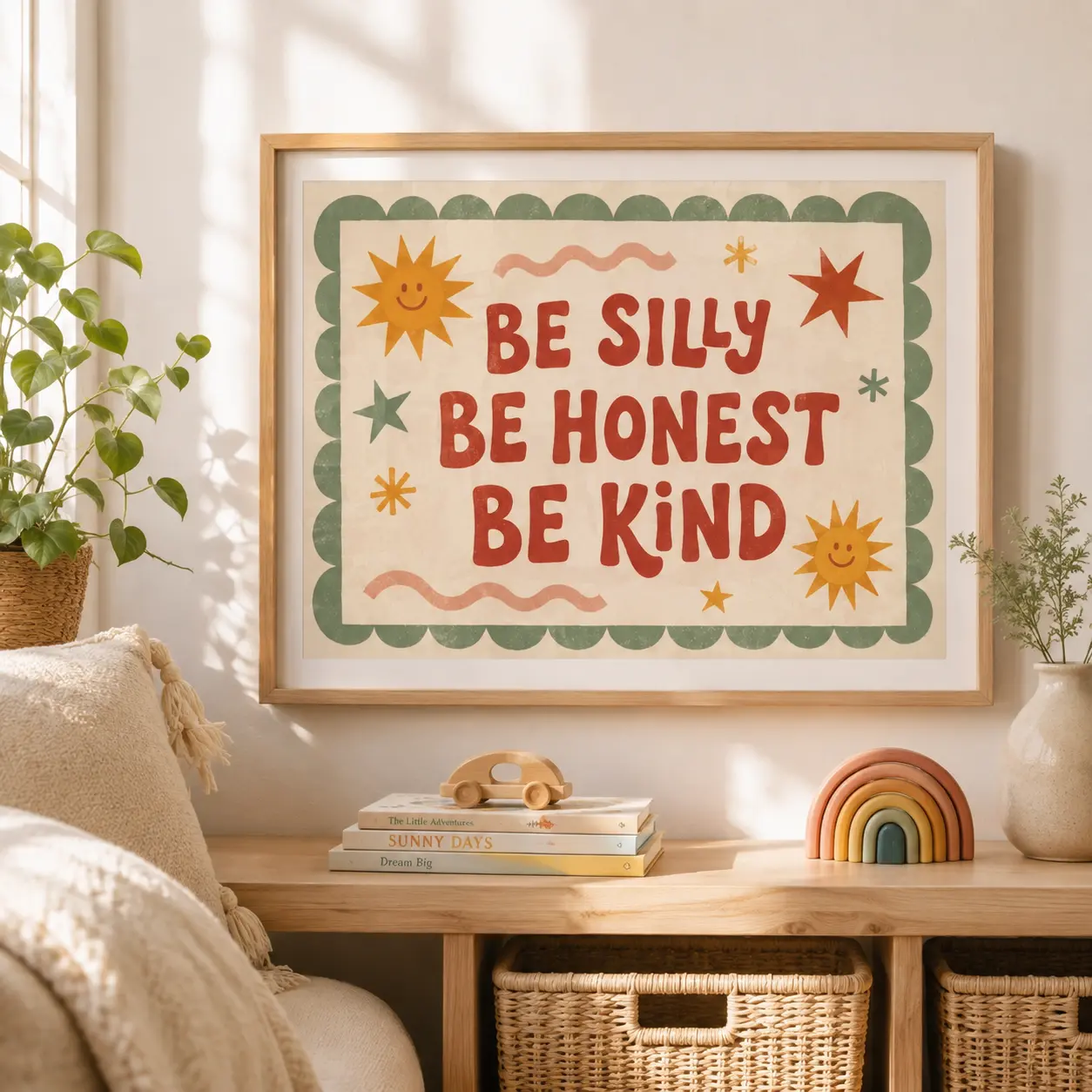 Be Silly Be Honest Be Kind Wall Art, Positive Kids Room Poster, Retro Playroom Decor, Colorful Nursery Print, Baby Shower Gift