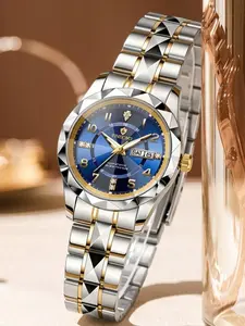 Women's Quartz Watch, Dual Color Steel Band, Deep Blue Gradient Dial, Week & Date Display, Casual Style, Perfect Gift for Her
