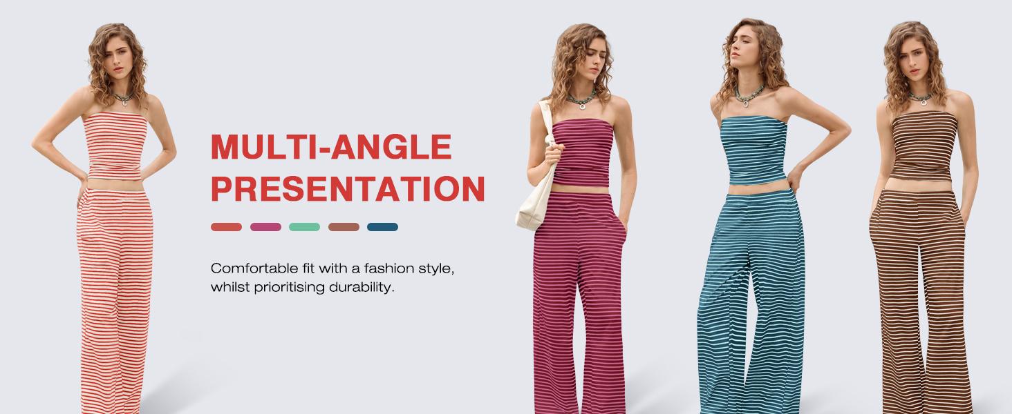 Tankaneo Womens Striped 2 Piece Sets Casual Summer Strapless Crop Tube Tops Wide Leg Pants Matching Lounge Set Vacation Outfits Spring & Summer Holiday Outfits, Comfortable Womenswear Fashion Womenswear Beach Clothes