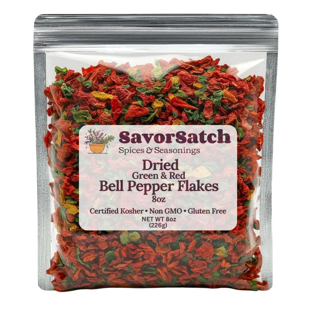 Dried Red & Green Bell Pepper Flakes – 8oz Resealable Pouch | Dehydrated, Certified Kosher, Non-GMO | Perfect for Cooking, Soups, Stews, Camping, Emergency Food Supply