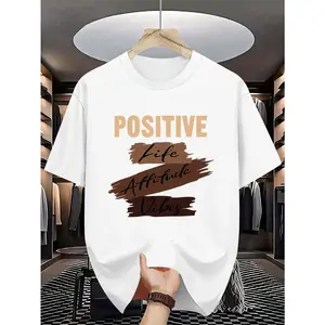 Men’s Positive Quote Graphic T-Shirt, “Positive Life Attitude Vibes” Letter Print Casual Short Sleeve Crew Neck Tee, Soft Breathable Fabric, Comfortable Relaxed Fit Everyday Top, Minimalist Style Gift Idea
