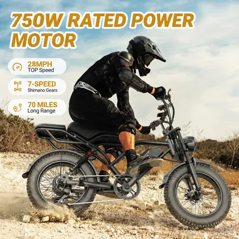 【VOLTVOGUE】Electric Bike, 750W Rated Power, Full Suspension, Speed up to 28 MPH, Range 40-70 Miles, 48V 20Ah Removable Battery, 2-Seater Design, LED Headlights, 20-Inch All-Terrain Fat Tires, UL 2849 Certified, Ebike Electric Motorcycle【BK20】