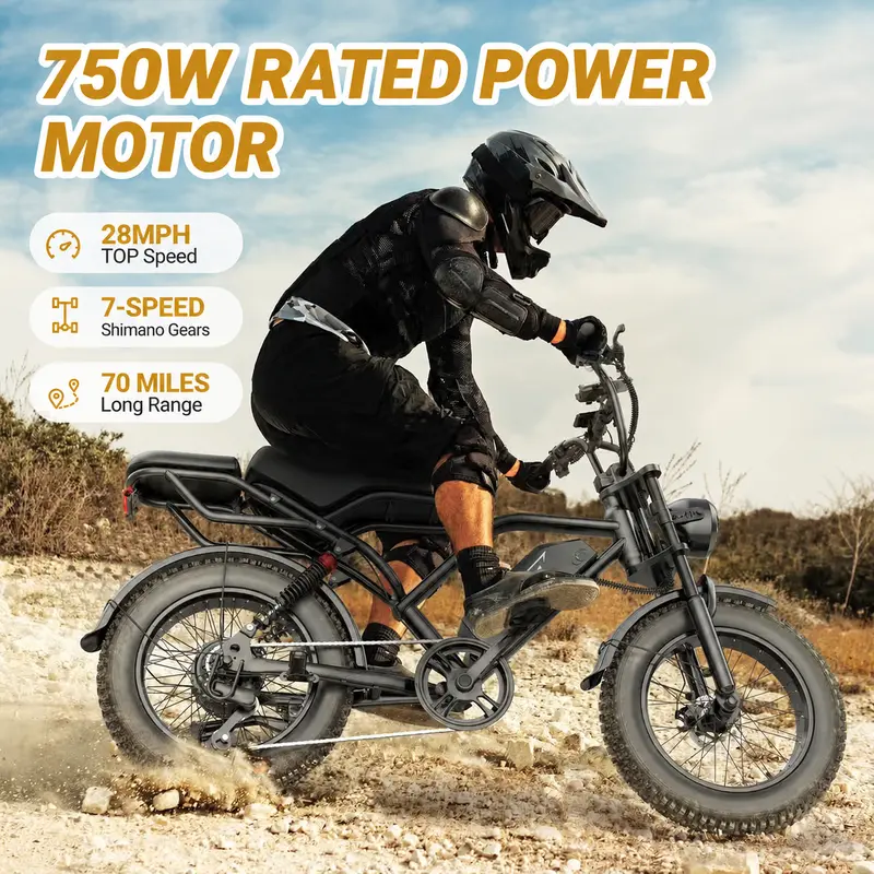 【VOLTVOGUE】Electric Bike, 750W Rated Power, Full Suspension, Speed up to 28 MPH, Range 40-70 Miles, 48V 20Ah Removable Battery, 2-Seater Design, LED Headlights, 20-Inch All-Terrain Fat Tires, UL 2849 Certified, Ebike Electric Motorcycle【BK20】