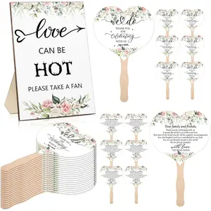51 Pcs Wedding Fans for Guests Flower Wedding Favors 50 Flower Heart Wedding Paper Fans with Wood Handle, 1 Pcs Love Can Be Hot Wooden Wedding Table Sign Bridal Shower Favor