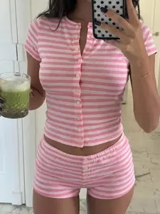 Women's Striped Button-Front Crop Top & Shorts Set 2026 Slim Fit Casual Streetwear Summer Daily Trendy Going Out Stylish Viral TikTok Fashion Essential