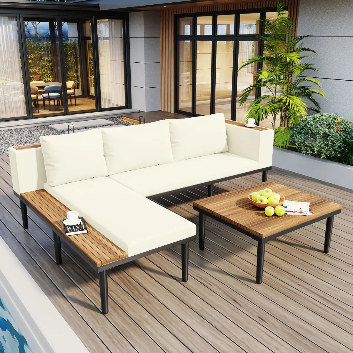 Aobtkel Luxury L-Shaped Acacia Wood Outdoor Patio Furniture Set, Sectional Sofa with Removable Cushions, Side Table, Coffee Table, Porch Furniture Set for Backyard, Beige, Patio Furniture Sets