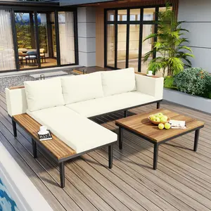 Aobtkel®Luxury Patio Furniture Set with Removable Cushions and Coffee Table, L-Shaped  Acacia Wood Sofa with Side table, Outdoor Conversation Sectional Sofa  for Backyard, Porch, Beige