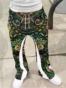 Vintage Aztec Tribal Geometric Pattern Loose Bell Pants, Hip Hop Casual Street Style Wide Leggings, Drawstring Sporty Long Pants, Soft Breathable Fabric