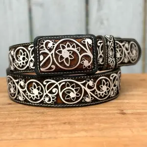 Women’s Black Floral Laser-Cut Artisan Western Leather Belt