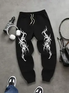 Men's Drawstring Waist Geometric Print Joggers, Comfortable Summer Wear, Fashion Versatile Long Pants, School Style Back-To-School