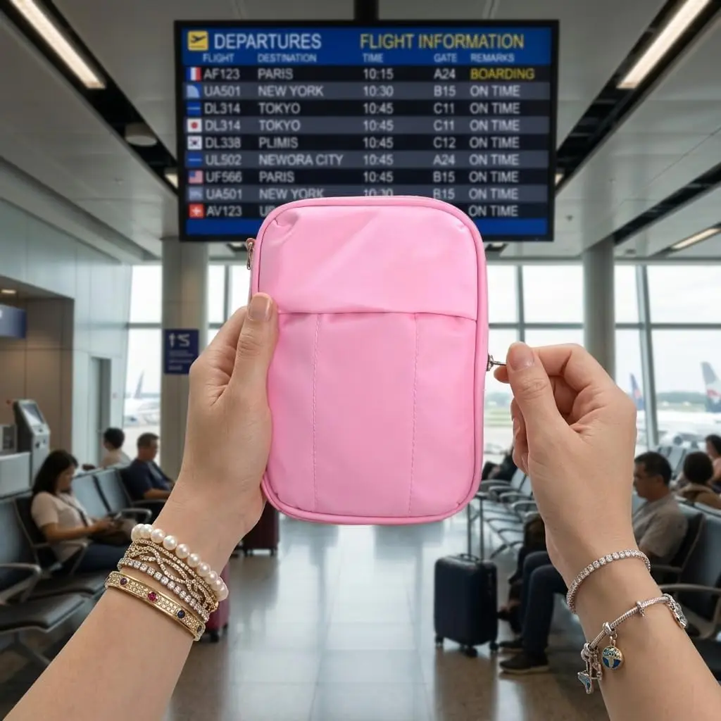 RFID Passport Holder for Family, Travel Must Haves - Puffy Lightweight Air Tracker Wallet, Water-Resistant Zipper Pouch with Removable Wrist Strap, 4-Passport Capacity Travel Document Organizer