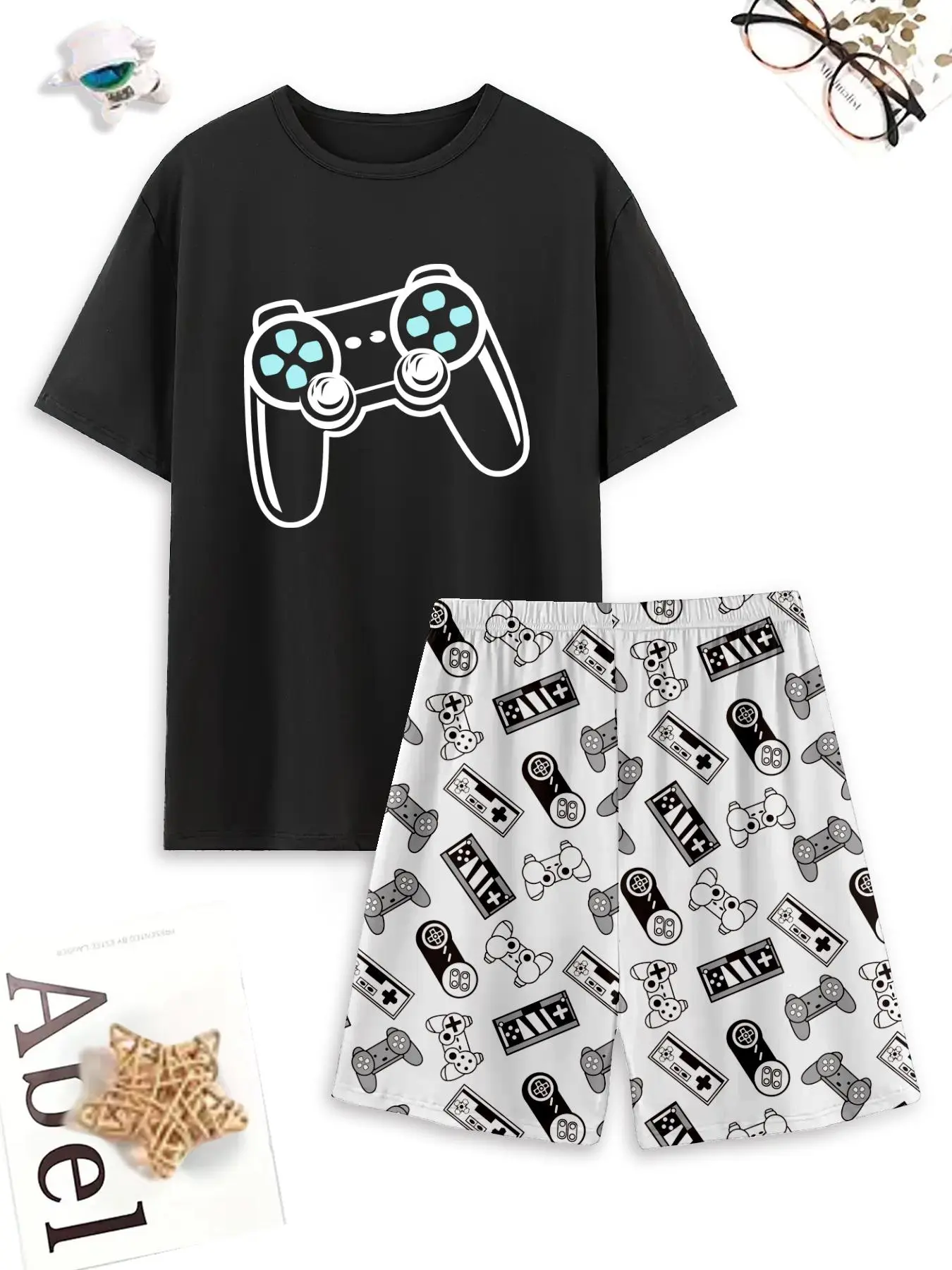 Men's Graphic Tee & All Over Print Elastic Waist Shorts Casual Comfy Loungewear Two-Piece Set, Regular Fit Round Neck Short Sleeve T-Shirt & Shorts PJ Set, Men's Sleepwear for Summer, Pajamas