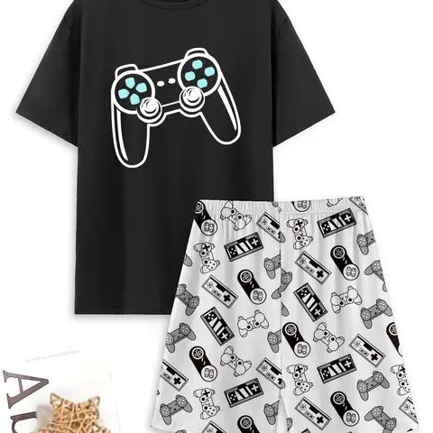 Men's Graphic Tee & All Over Print Elastic Waist Shorts Casual Comfy Loungewear Two-Piece Set, Shorts Lounge Outfit, Regular Fit Round Neck Short Sleeve T-Shirt & Shorts PJ Set, Men's Sleepwear for Summer, Pajamas