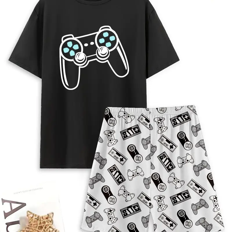 Men's Graphic Tee & All Over Print Elastic Waist Shorts Casual Comfy Loungewear Two-Piece Set, Shorts Lounge Outfit, Regular Fit Round Neck Short Sleeve T-Shirt & Shorts PJ Set, Men's Sleepwear for Summer, Pajamas