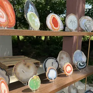 Agate Slice on Stand, Natural Polished Crystal Decor, 3-7 Inch Home Altar Display