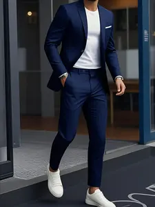 Men'S 2pcs Suit Set, Including Jacket and Trousers, Formal Wear, Work Office Suit, Suitable for Parties, Weddings, Solid Color, Long Sleeve, Button Detail, Elegant Slim Fit, All-Season, Non-Stretch Fabric, Lapel Collar, Blazer Set