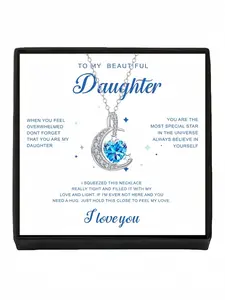 "Blue Heart with Moon & Stars" - Original Luxury Moon Diamond Adjustable Necklace Comes with a greeting card for daughter. Perfect birthday, back-to-school and all festival gifts.