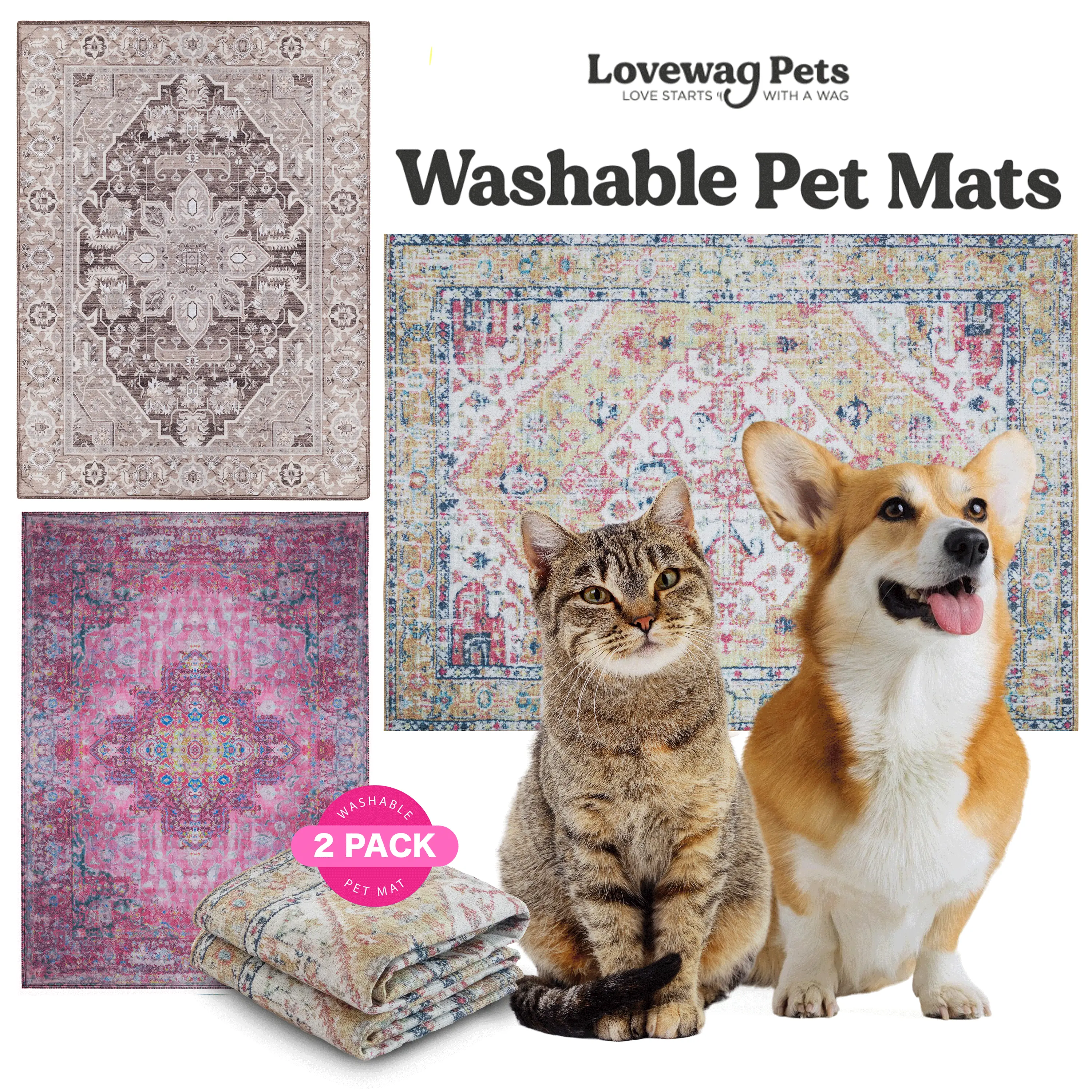 Lovewag Washable Dog Pads pack of 2, Eco-Friendly and Leak-Proof Design, Multi Design Option: Caramel Creme, Willow Weave, Honey Harvest, Grey Drift , 16" x 24" & 36" x 48"& 24.5" x 24.5"