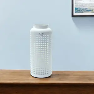 360 stand 14 in. White Metal Pierced Grid Floor Lantern Pillar Candle Holder - Decorative Home Decor Accessory, Ideal Wedding Gift, Contemporary Display, Decoration, Iron