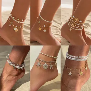 Beach vacation metallic starfish pendant anklet, DDJL0014 simple pearl beaded multi-layer foot accessory