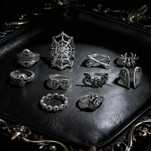 Men's Punk Silver Rings Set! Gothic Skull Spider Web Design – Party, Daily, Holiday Gift
