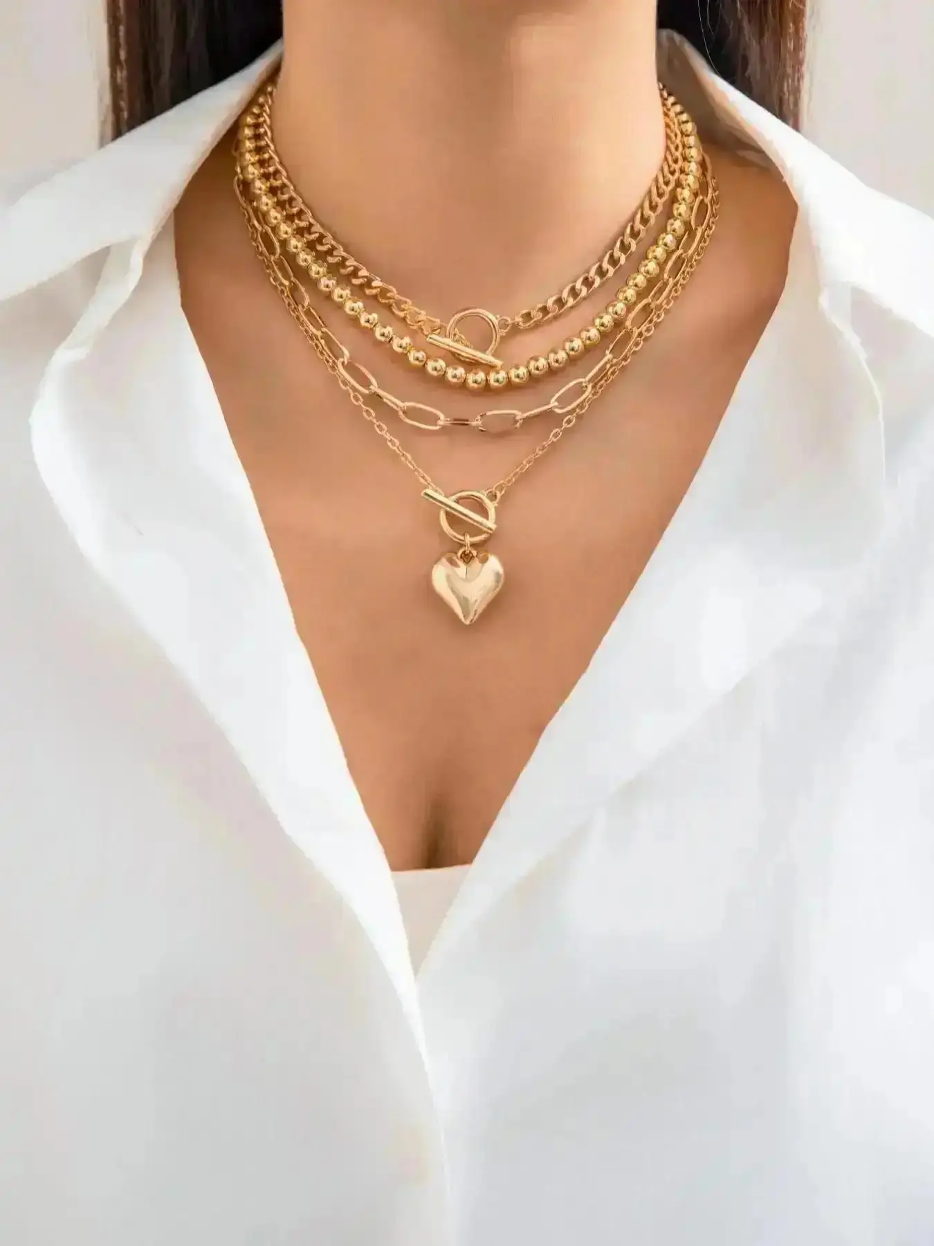 Women's Punk Style Love Heart Necklace Beaded Stackable Clavicle Chain, Multilayer Layered necklaces, 4pcs/set Ot Buckle Design Matching Chic All-match Jewelry As Gift for Girlfriend, Exquisite Stunning Valentine