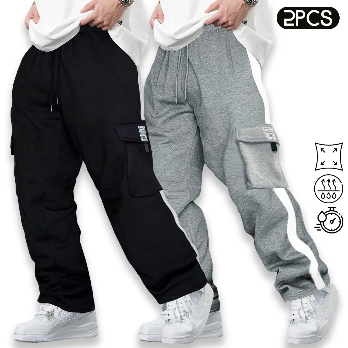 2 Pack Men's Cargo Sweatpants Lightweight Joggers Track Pants with Side Stripes and Pockets Elastic Waist Quick Dry Athletic Pants