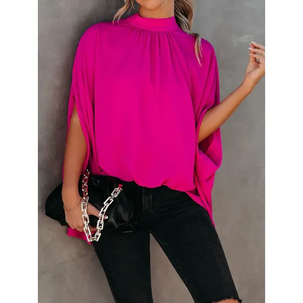 Women's Oversize Smock Neck Knot Back Batwing Sleeve Blouse Shirt Top