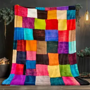 Vibrant Multicolor Patchwork Square Pattern Cozy Plush Throw Blanket for Home Decoration