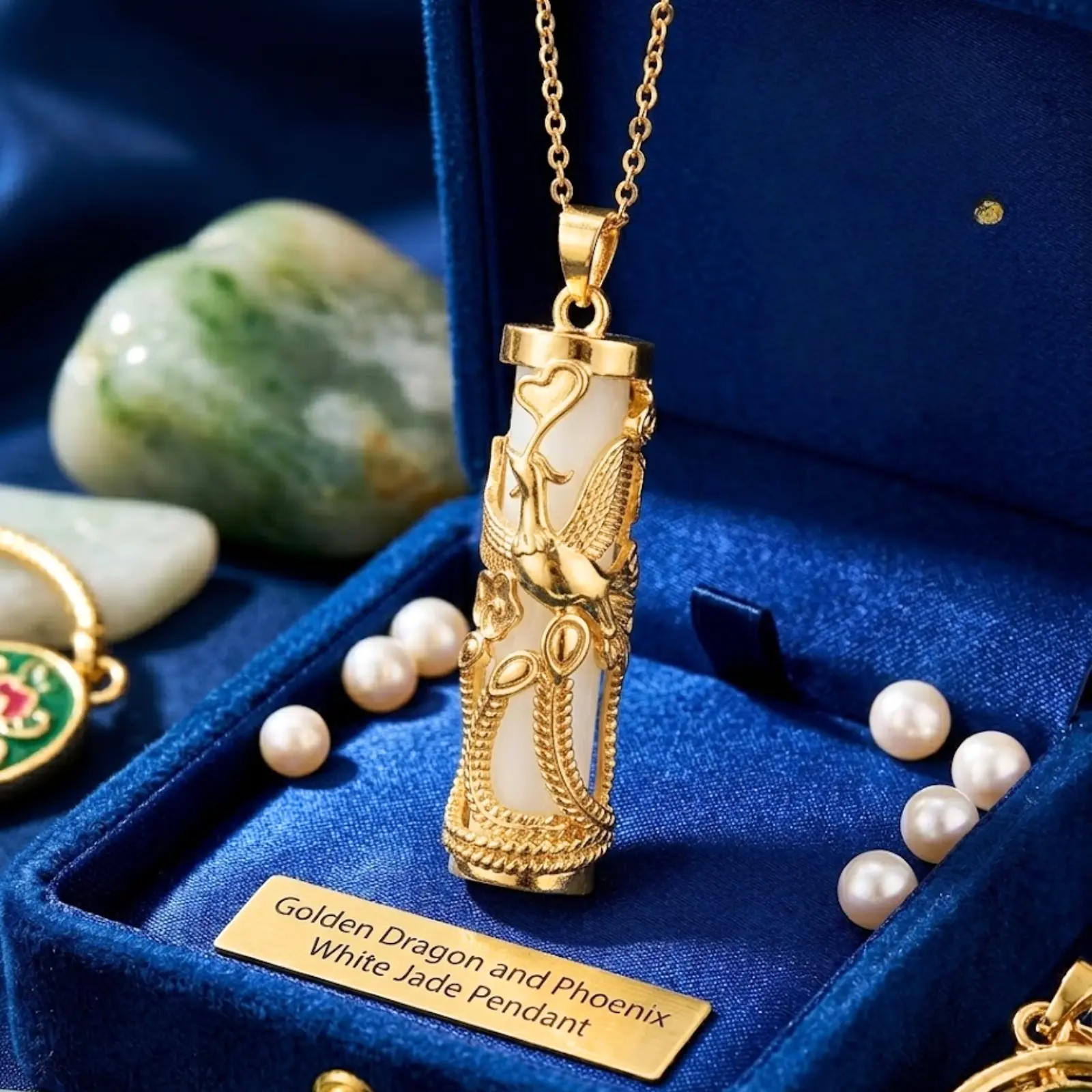 Men's Jade Dragon & Phoenix Pendant Necklace, 18K Gold Plated Chain, Lucky Jade Jewelry Gift for Men, Everyday Fashion Necklace