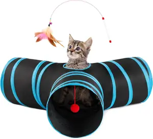 Cat Tunnels for Indoor Cats, Cat Tube Toys 3 Way Collapsible, Pet Play Tunnel with Peek Hole Toy Ball for Kitty, Kitten, Rabbit, Black&Blue, Small Size (23.6"X13"X11") Love's cabin