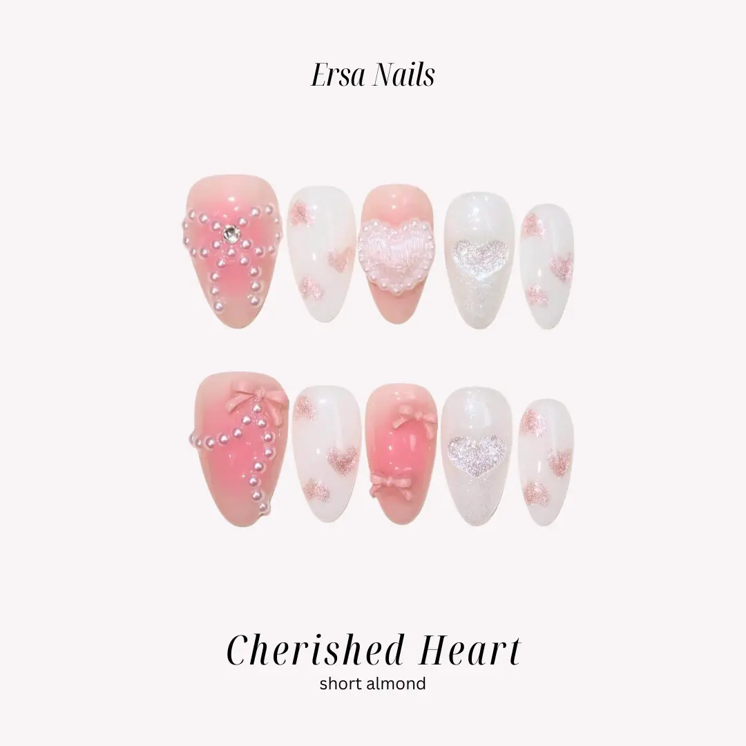 ErsaNails CHERISHED HEART - Short Almond 10 PCS Handmade Press On Nails | 3D nails, Gliter, Pearl  & Cat Eye