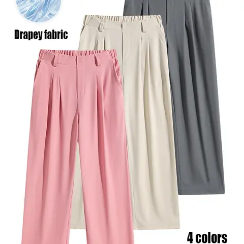 Women's High Waist Plain Straight Comfy Pocket Trousers - Medium Stretch Basic Fabric, Fitted, 2-Pocket Carry, Machine Washable, All Seasons Business Casual Pants