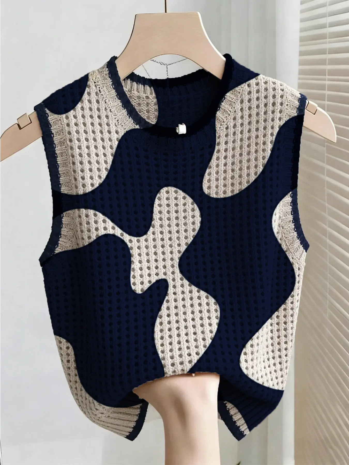Boho Style Summer Knit Top, Loose Fit Round Neck Sleeveless, Colorblock Print, Women's Casual, Bikini Cover-Up, Loose Vest, Sleeveless Vests, Sleeveless Clothing