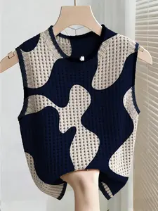 Boho Style Summer Knit Top, Loose Fit Round Neck Sleeveless, Colorblock Print, Women's Casual, Bikini Cover-Up, Loose Vest, Sleeveless Vests
