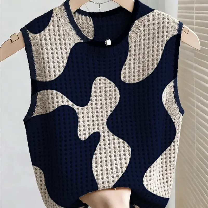 Boho Style Summer Knit Top, Loose Fit Round Neck Sleeveless, Colorblock Print, Women's Casual, Bikini Cover-Up, Loose Vest, Sleeveless Vests, Sleeveless Fashion Apparel