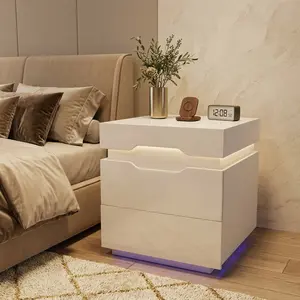 Nightstand with Charging Station, Bedside Table with 20 RGB LED Lights & 2 USB Ports, Side Table with Plug Outlets, 2 Drawers & Top Storage Space for Bedroom, Living Room & Home Use