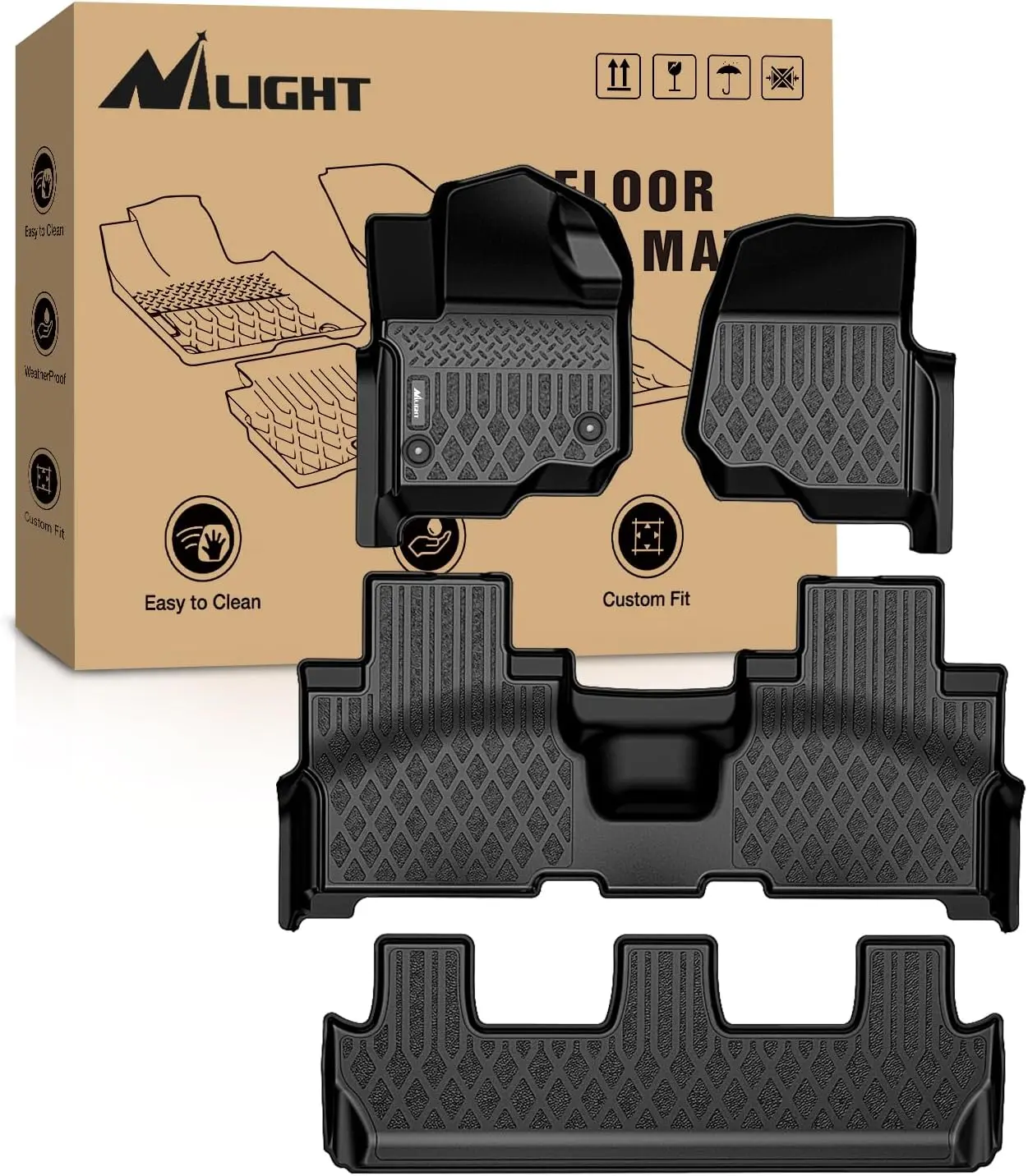 Nilight Custom-Fit Vehicle-Specific CNC Cut Heavy-Duty Waterproof Synthetic Car Floor Mats with Clips - Easy to Clean Water Retention Liners, Lifetime Service Car Interior Accessory for 2018-2024 Ford Expedition & Max Bench Seat