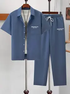 Men's Blue Brooklyn Letter Print 2-Piece Lightweight Loungewear Set - Short Sleeve Button-Down Shirt & Drawstring Waist Pants, Soft Breathable Fabric, Relaxed Fit, Loose for At-Home Lounging, Lazy Weekends & Casual Evenings, Versatile Wear, Pajama Set