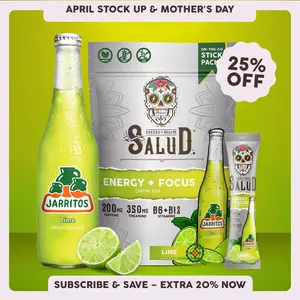Salud x Jarritos 2-in-1 [Energy + Focus – Lime] Clean Energy Drink Mix, Agua Fresca, Organic Caffeine, B6 & B12, L-Theanine, Drink Packets, Non-GMO, Gluten Free, Vegan, Low Calorie, 1g Sugar (15 Servings)