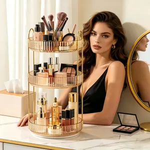 Luxury 3-Tier Spinning Makeup Organizer, 360 Degree Rotating Cosmetic Storage Carousel for Vanity, Amber Fluted Acrylic Skincare Rack with Gold Metal Frame, Countertop Display for Perfumes, Serums & Jewelry