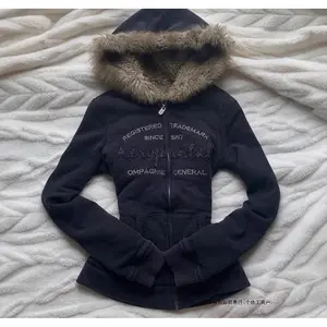Aeropostale Vintage Fur Collar Fleece-Lined Thickened Autumn Winter Black Zipper Hooded Waist-Cinching Slimming Sweatshirt Jacket