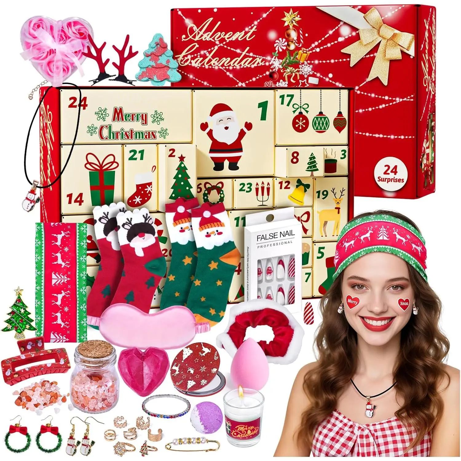 Women's 2025 Advent Calendar - 24-Day Christmas Countdown Gift Set with Fashion Jewelry, Aromatherapy Items, Beauty Products, Hair Accessories, Eye Mask, Matching Socks & Pins for Teens, Matching Sets, Hairbands, Holiday Gifting, Santa Motifs, Boxes, Fema