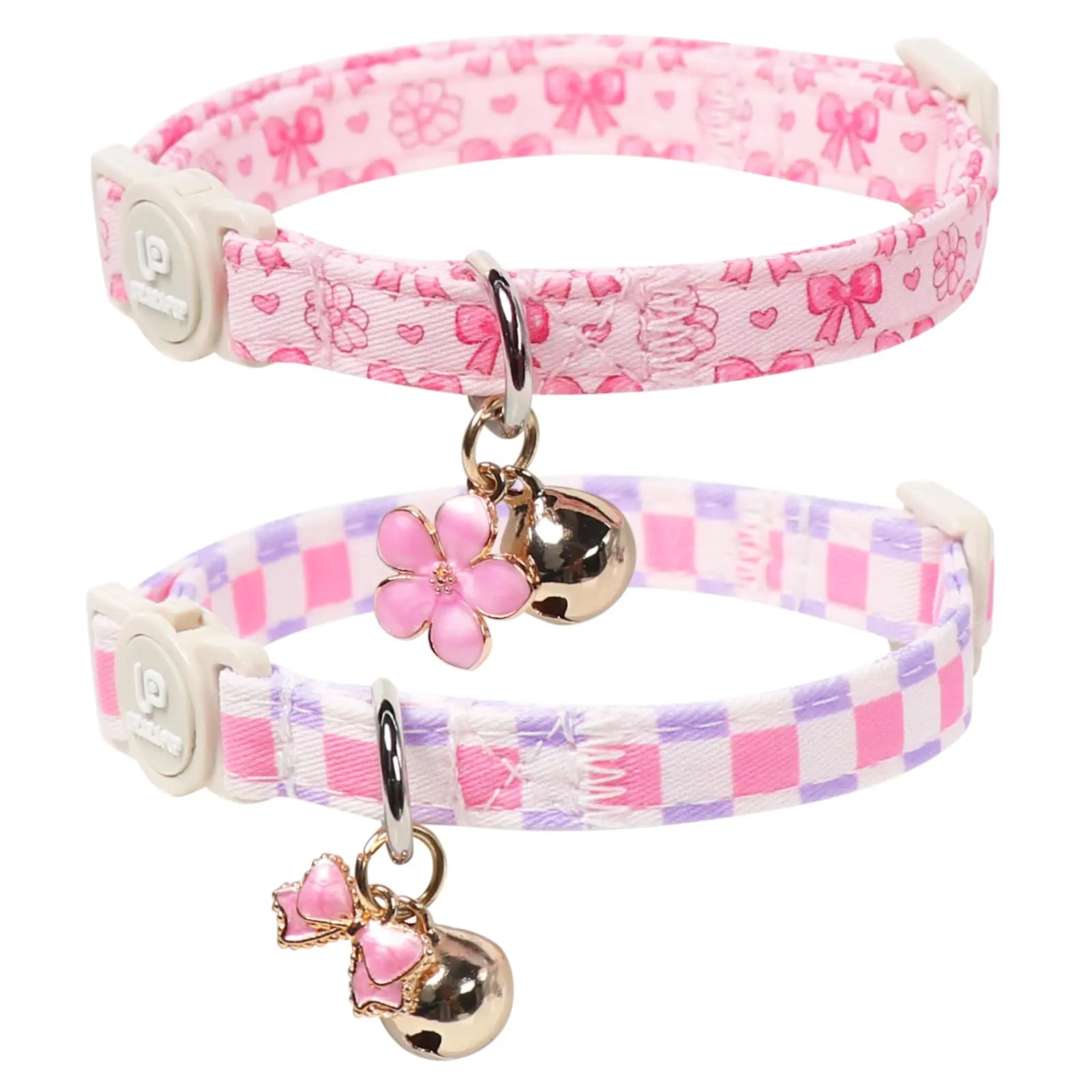 Cat Collars 2-Pack - Purple Plaid & Pink Floral, Summer Breakaway Safety Collars with Bell & Pendant, Adjustable 7-12 in, Cute Kitten Accessories for Cats