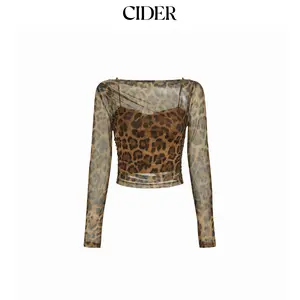 Cider Mesh Leopard Boat Neck Long Sleeve See-through Top With Cami Top