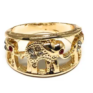 Gold Plated Lucky Elephant Ring with Red Stones Anillo