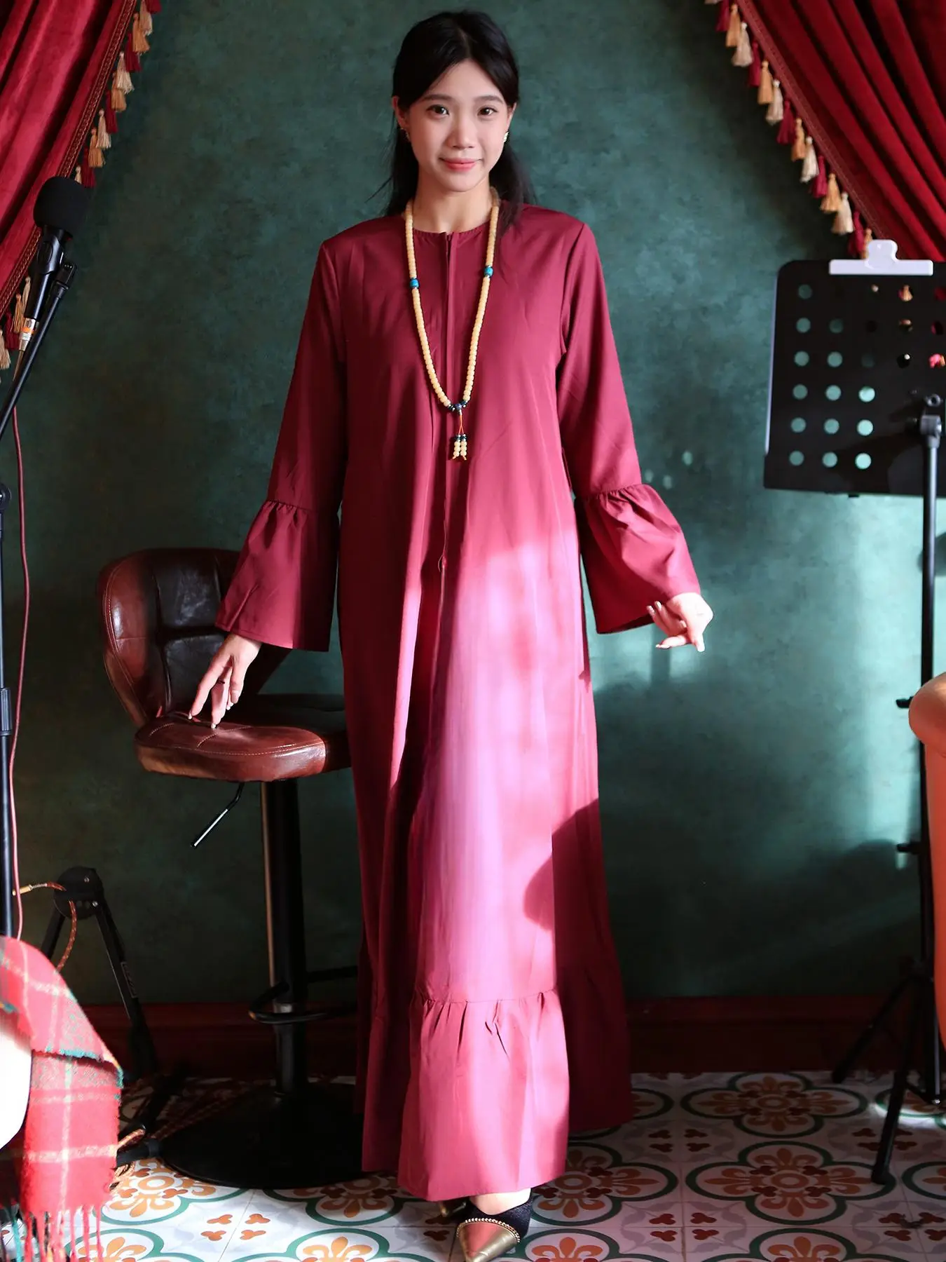 Women's Plain Ruffle Hem Flounce Sleeve Dress, Elegant Long Sleeve Round Neck Dress for Party Holiday Wedding Guest, Ladies Clothes for All Seasons